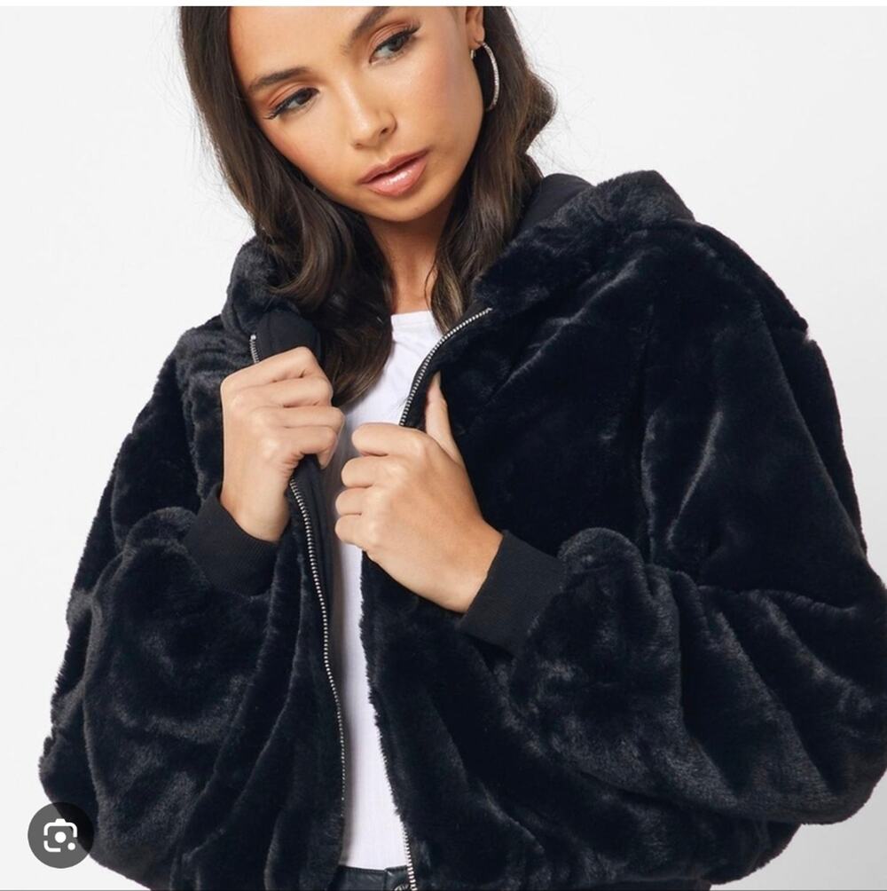 Topshop Black Teddy Cropped Relaxed Oversized Jacket Plush Faux Fur Size 8 10